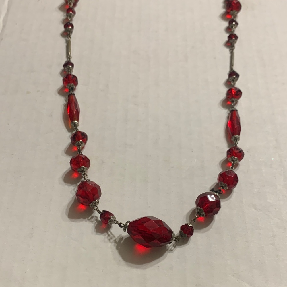 Vintage Art Deco Red Glass / silver Graduated bead 32 inch necklace